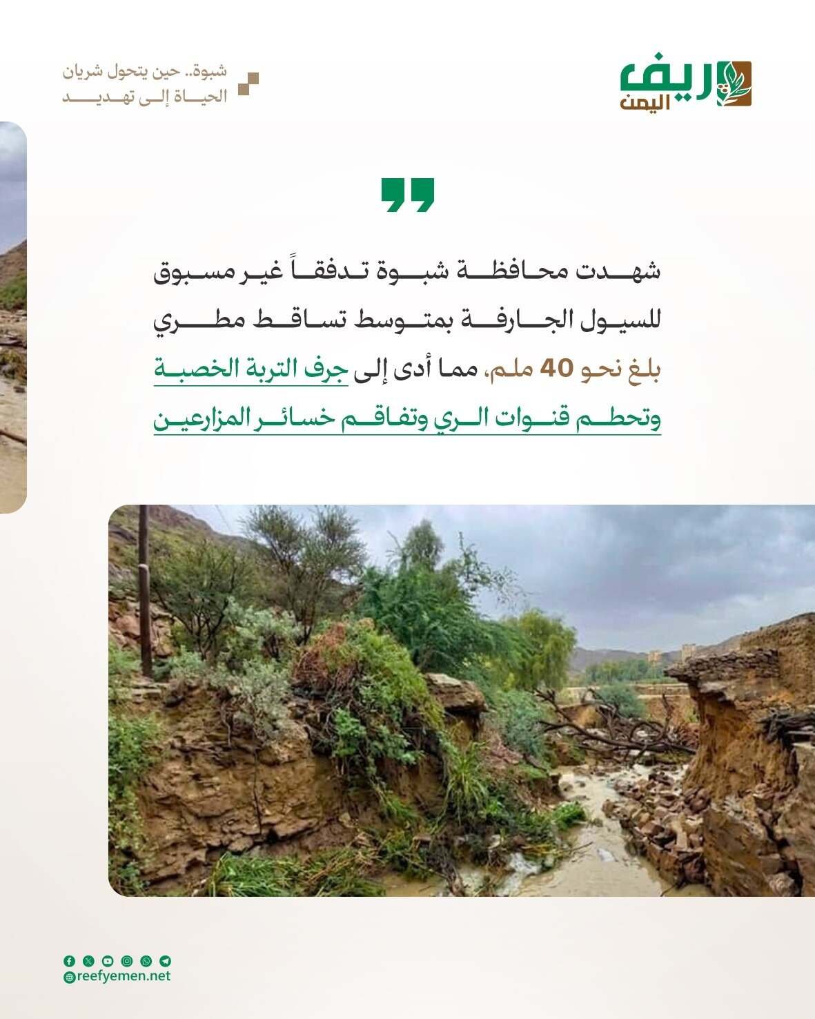 شبوة.. السيول تهدد الزراعة وسبل العيش
